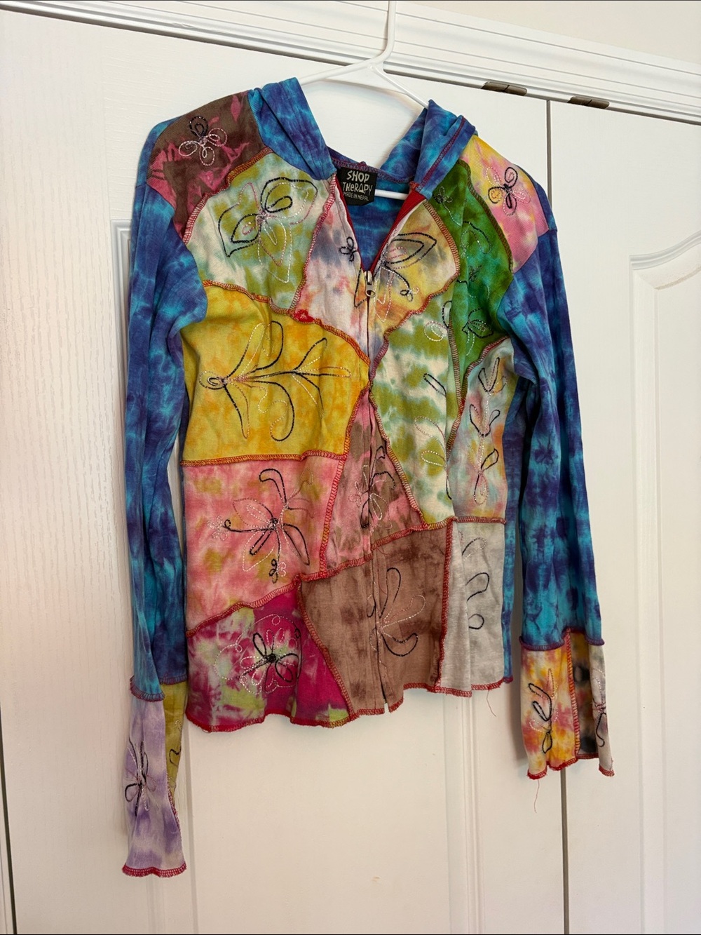 Vintage Shop Therapy Multicolor Patchwork Zip Hoodie - Vibrant Tie-Dye Jacket